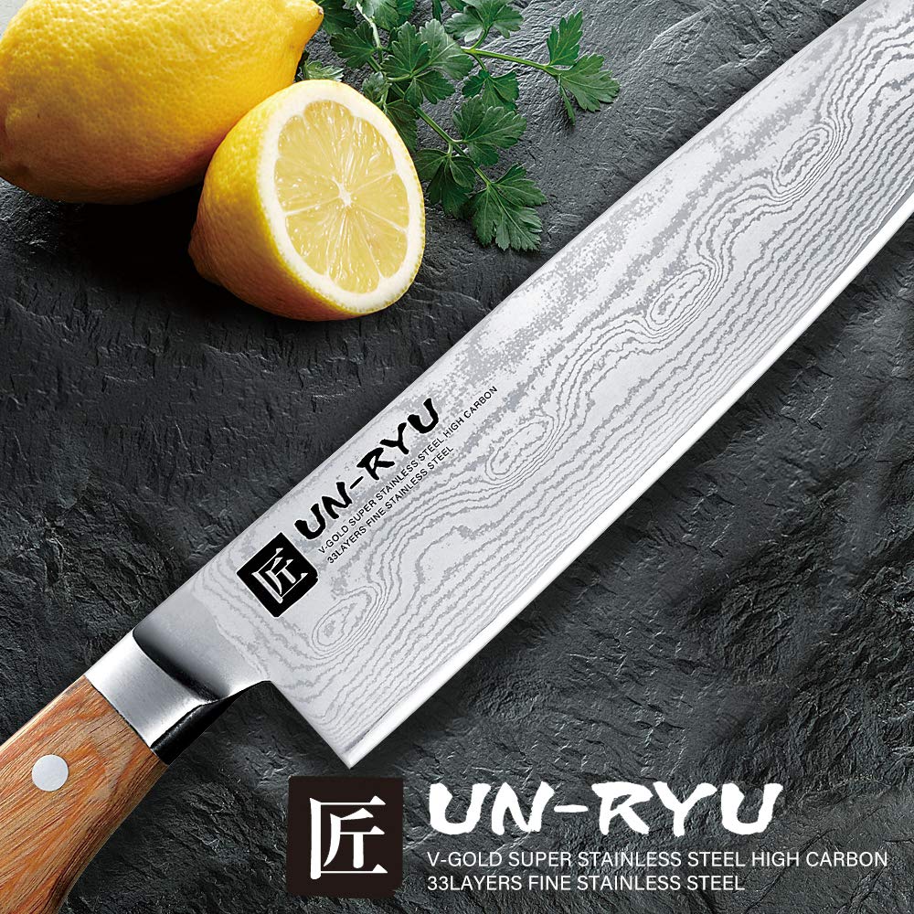 新品未使用！流RYU 牛刀 VG10ダマスカス包丁　210mm UN-RYU ダマスカス包丁 VG-10 33層 210mm 日本製 UNR-05 – WAFUU