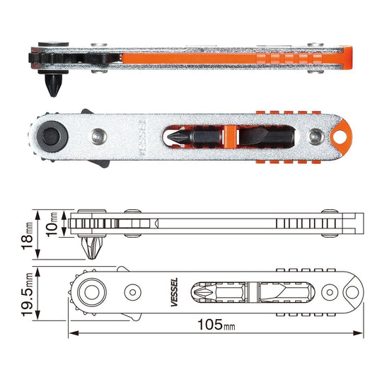 VESSEL TD - 76 Flat - shaped Ratchet & Screwdriver Bits Set - WAFUU JAPAN
