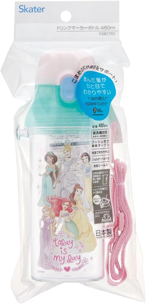 Skater 兒童透明塑膠水壺 刻度／直飲／可洗碗機／附背帶 Disney Princess 480ml