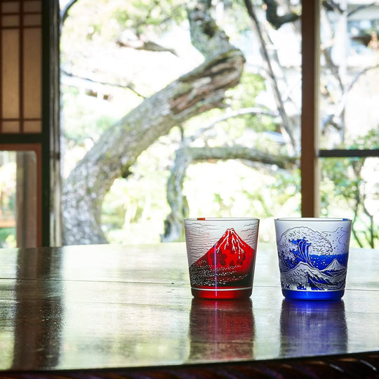 Taiburou Workshop Edo Glass Mount Fuji Sakura Free Cup Pair Red Blue Made in Japan TB022 Gift Box Set