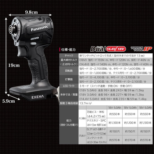 Panasonic EXENA P Series Impact Driver 14 4V 18V Electronic Clutch Brain Technology Tool Only Red EZ1PD1X-R