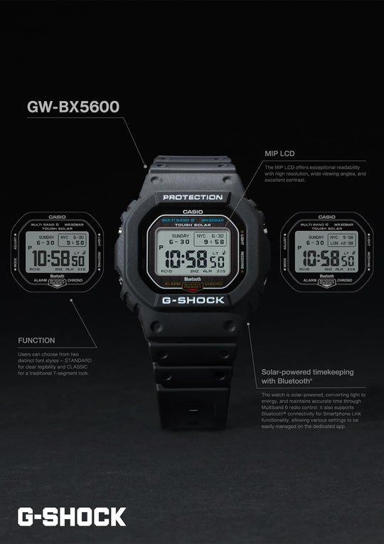 CASIO G‑Shock solar radio men’s watch with MIP LCD & Bluetooth all black - WAFUU JAPAN