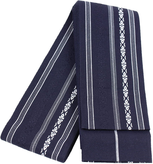 Japanese Cotton Men's Obi Belt with Tying Guide Traditional Kenjo Pattern Navy - WAFUU JAPAN