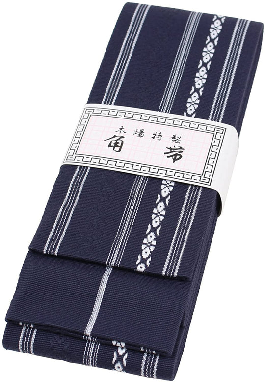 Japanese Cotton Men's Obi Belt with Tying Guide Traditional Kenjo Pattern Navy - WAFUU JAPAN