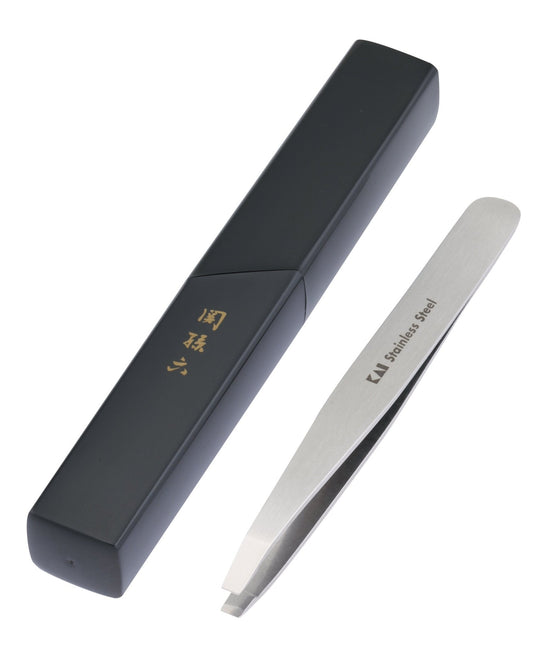KAI SekiMagoroku Tweezers with Flat Tip and Storage Case HC3505 Silver - WAFUU JAPAN
