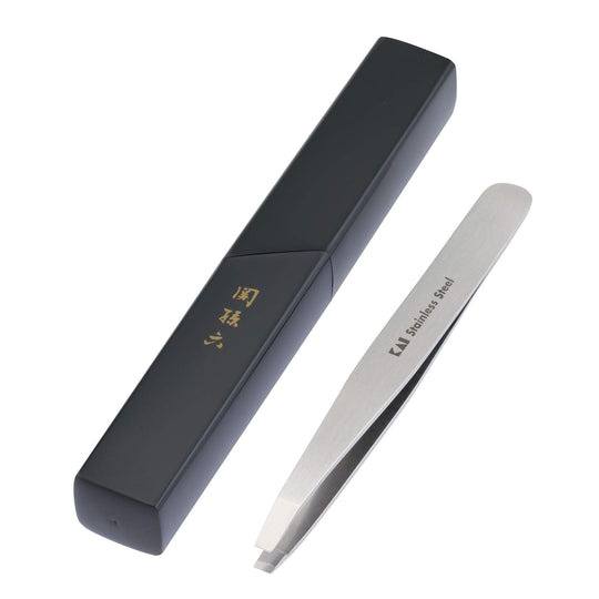 KAI SekiMagoroku Tweezers with Flat Tip and Storage Case HC3505 Silver - WAFUU JAPAN