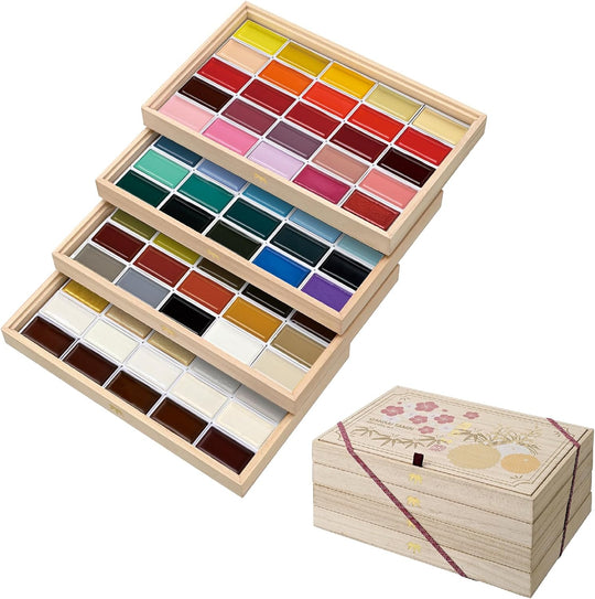 Kuretake GANSAI TAMBI Watercolor Paint Set 100 Colors with Wooden Box - WAFUU JAPAN
