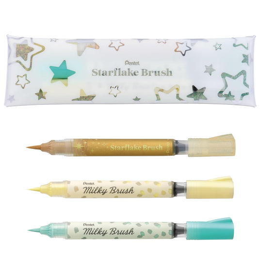 Pentel Color Brush Pen Starflake Milky Set GFH - SPST2 Gold Pastel Yellow Pastel Mint Green - WAFUU JAPAN