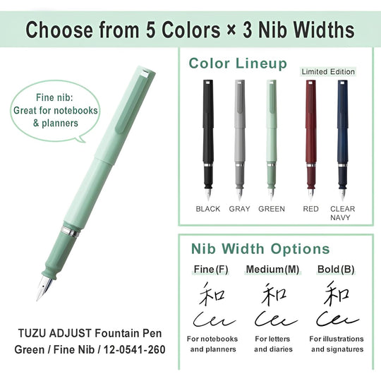 Sailor Tuzu Adjustable Fountain Pen Fine Nib Green with 2 Cartridges - WAFUU JAPAN