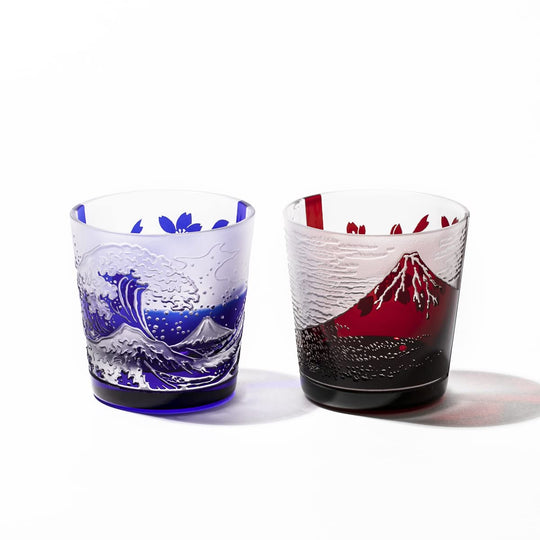 Taiburou Workshop Edo Glass Mount Fuji Sakura Free Cup Pair Red Blue Made in Japan TB022 Gift Box Set - WAFUU JAPAN