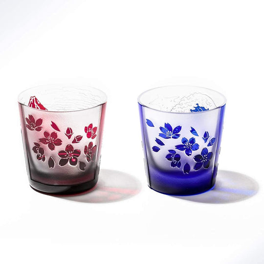 Taiburou Workshop Edo Glass Mount Fuji Sakura Free Cup Pair Red Blue Made in Japan TB022 Gift Box Set - WAFUU JAPAN