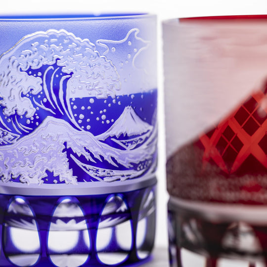 Taiburou Workshop Edo Kiriko Glass Pair Mount Fuji Wave Pattern Old Fashioned Glasses Red Blue Made in Japan - WAFUU JAPAN