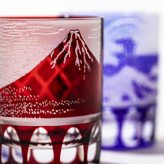 Taiburou Workshop Edo Kiriko Glass Pair Mount Fuji Wave Pattern Old Fashioned Glasses Red Blue Made in Japan - WAFUU JAPAN