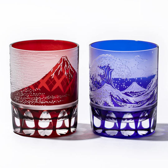 Taiburou Workshop Edo Kiriko Glass Pair Mount Fuji Wave Pattern Old Fashioned Glasses Red Blue Made in Japan - WAFUU JAPAN