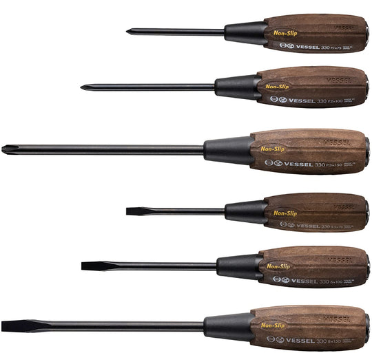 VESSEL Woody 6 - Piece Through - Handle Screwdriver Set Non - Slip Grip (336PS) - WAFUU JAPAN
