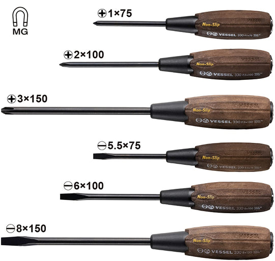 VESSEL Woody 6 - Piece Through - Handle Screwdriver Set Non - Slip Grip (336PS) - WAFUU JAPAN